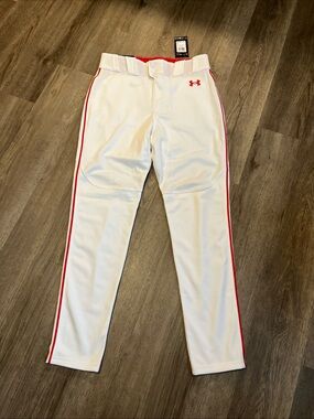 Under Armour White Baseball Pants with Red Side Piping Mens M